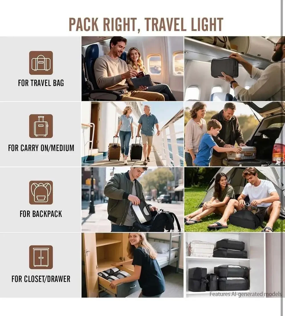 Veken 8-Piece Travel Packing Cubes Set with Hanging Toiletry Bag and Shoe Bag